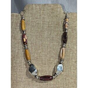 Carved Stone and Silver Tone Accent Bead Necklace